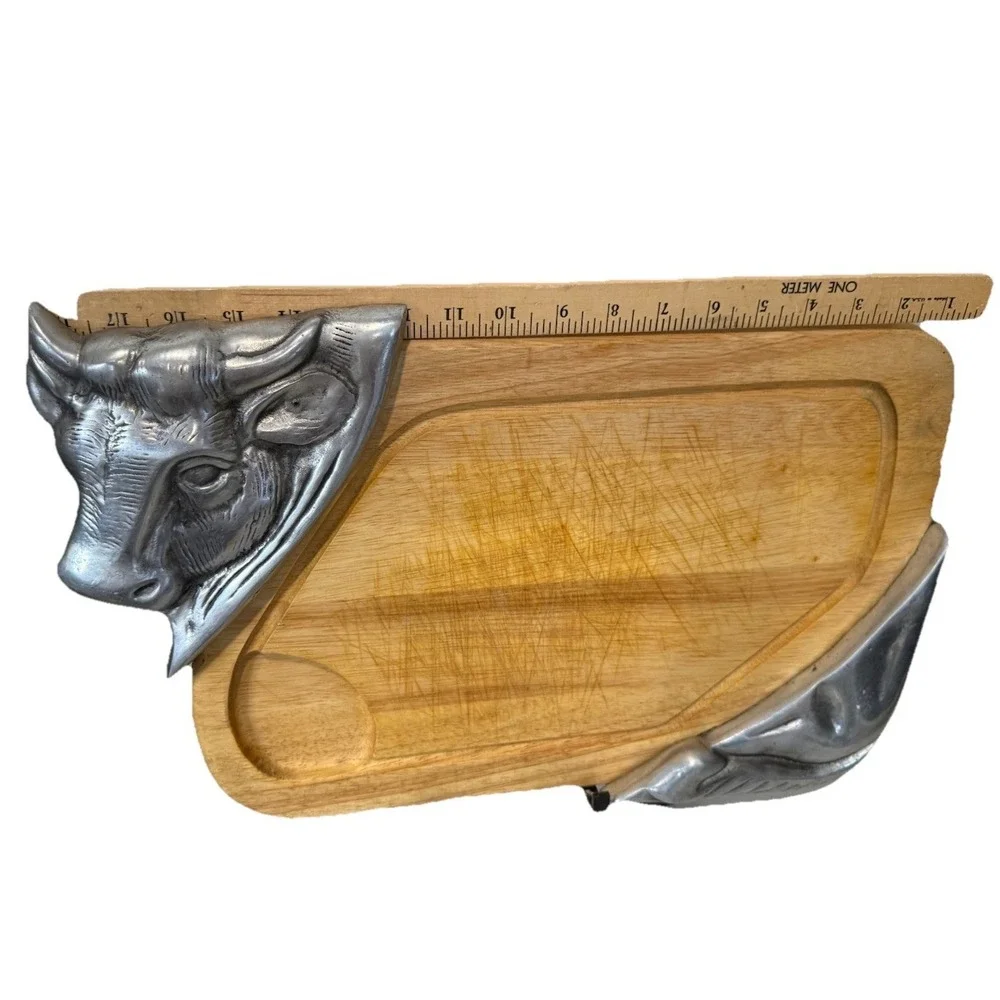 VTG Cow Bull Wood Pewter Cutting Board  Steak Tray Farmhouse Kitchen Decor 19
